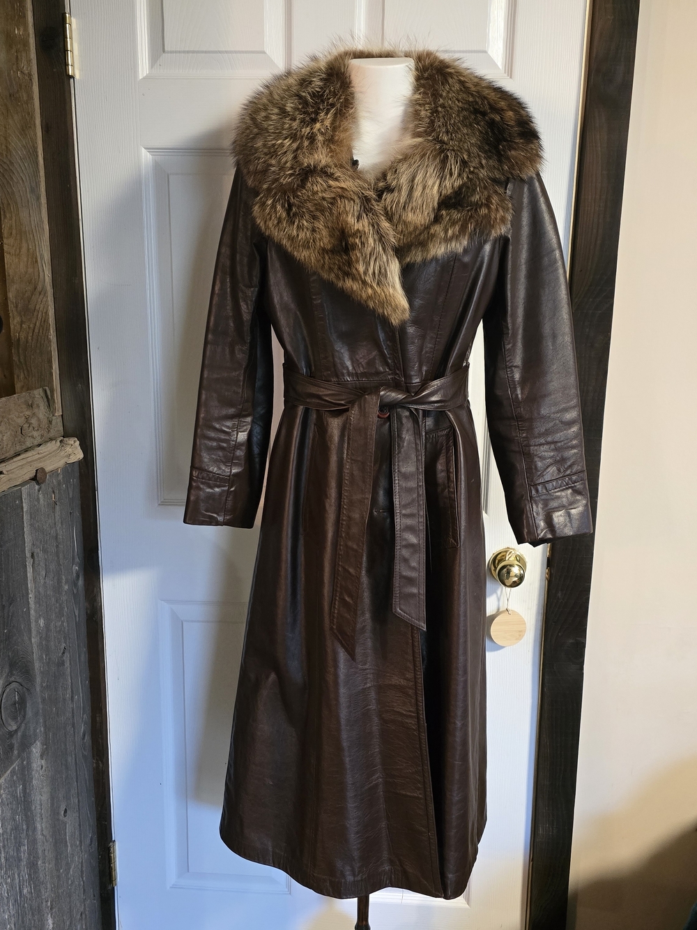 Sears Dark Brown Leather Trench Coat with Fur Collar